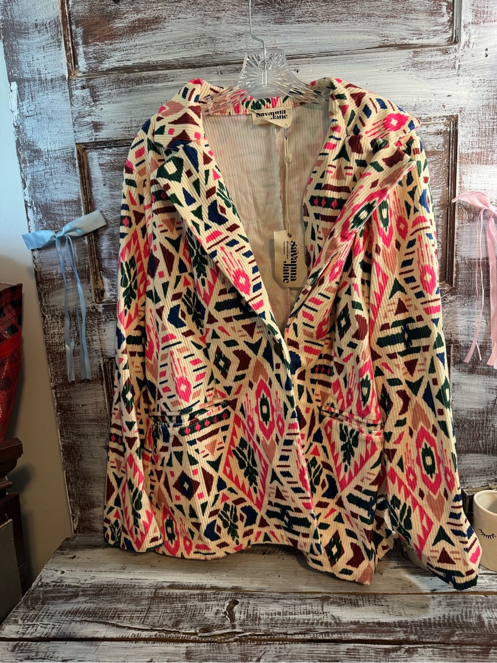 Savanna Jane Cream Multicolor Aztec Print Blazer